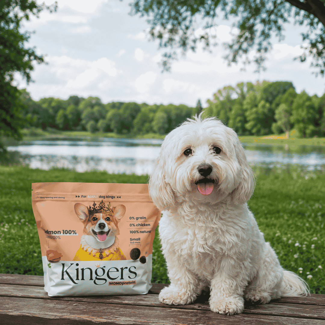 Pies z opakowaniem karmy KINGERS w naturalnej scenerii